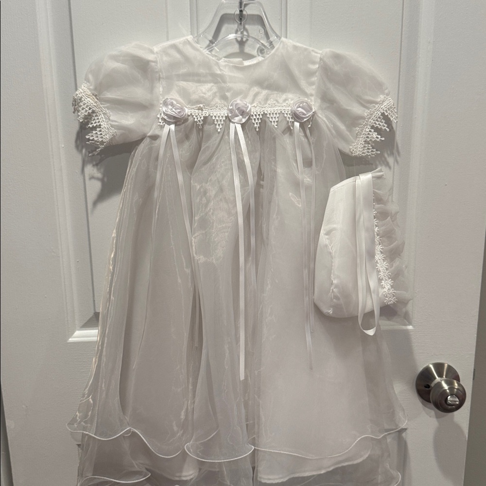 Baptism Christening White Dress with Floral Accents
